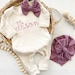 Personalized oatmeal and vintage mauve romper with bow or turban, custom girl coming home outfit, baby shower gift