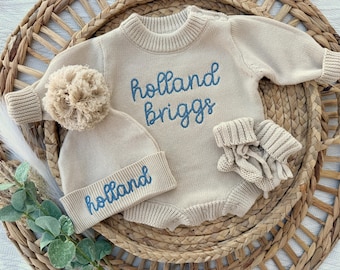 Bulle de bébé pull en tricot pour nouveau-né personnalisé, tenue de bébé tricotée en coton personnalisée, tenue à emporter