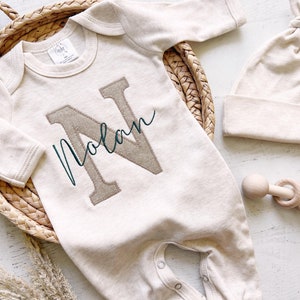 Personalized neutral baby romper and hat set, custom infant boy coming home outfit, baby shower gift, beige sleeper fall outfit autumn baby