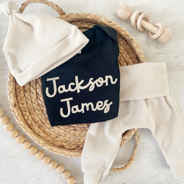 Personalized black and beige newborn outfit, custom name boy, coming home outfit for baby boy, baby boy outfit, hospital outfit for boy