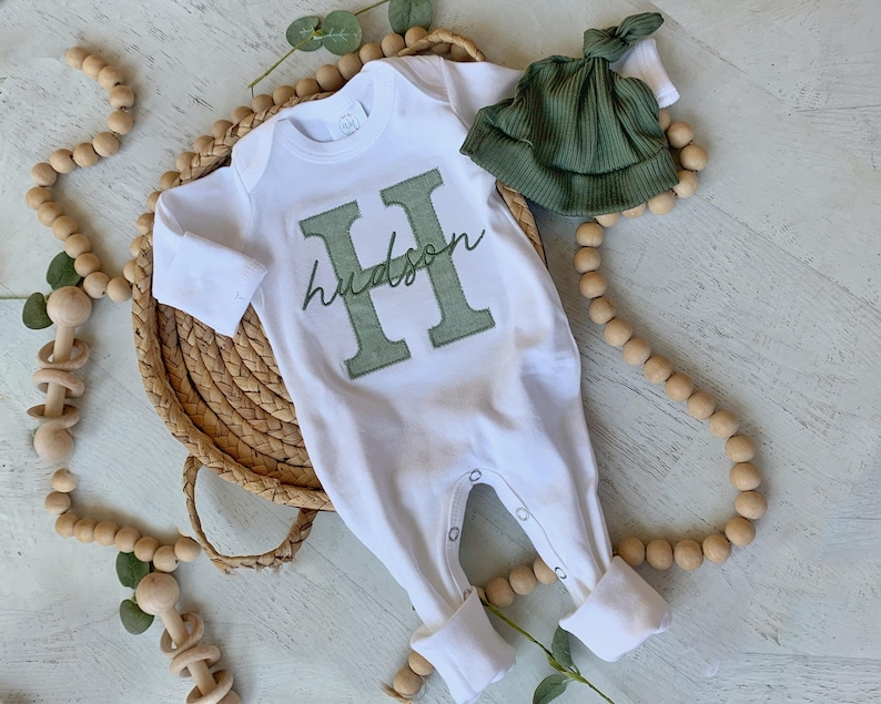 Personalized neutral baby romper and hat set, custom infant boy coming home outfit, baby shower gift, beige sleeper with footies, Sage Green image 3