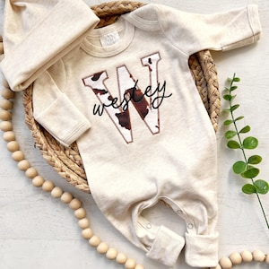 Personalized western baby romper and hat set, custom cow print boy coming home outfit, baby shower gift, Romper with fold over footies