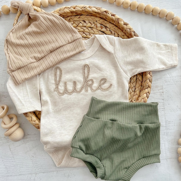 Personalized green, and beige newborn outfit, custom name boy, coming home outfit for baby boy, baby boy outfit, hospital outfit for boy
