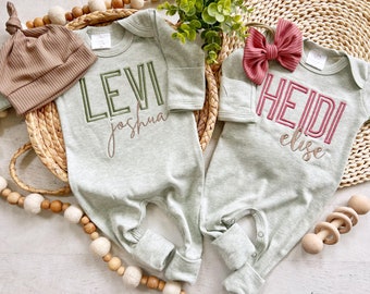 Boy girl twin coming home outfits, green footed sleeper, pink, sage twin baby outfit, baby shower gift, minimalist baby, romper outfit