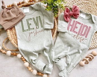 Boy girl twin coming home outfits, green footed sleeper, pink, sage twin baby outfit, baby shower gift, minimalist baby, romper outfit