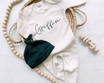 Personalized oatmeal and forest green stitch romper with hat, custom baby boy coming home outfit, baby shower gift