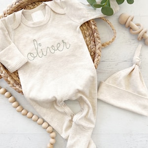 Personalized oatmeal and sage vintage stitch romper with hat, custom baby boy coming home outfit, baby shower gift
