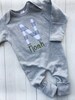 Personalized olive green and gray romper and hat set, custom infant boy coming home outfit, baby shower gift, gray sleeper with footies 