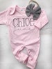 Personalized pink girl romper with bow, custom girl coming home outfit, baby shower gift, pink sleeper with footies, simple stitch 