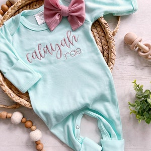 Personalized mint footie with bow, custom girl coming home outfit, baby shower gift, custom baby name outfit, handmade bow, newborn pictures