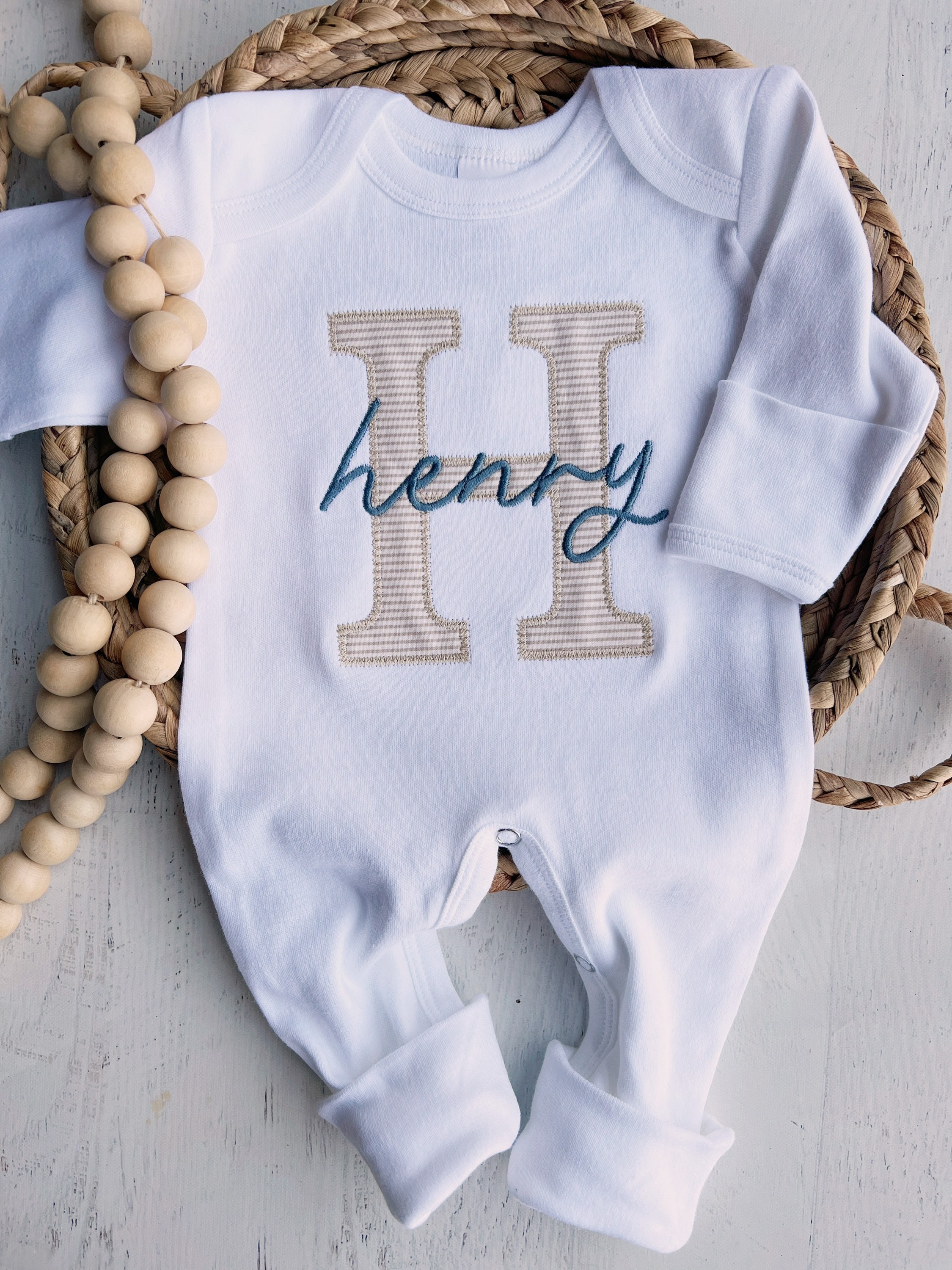 Personalized Neutral Baby Romper And Hat Set, Custom Infant Boy Coming Home Outfit