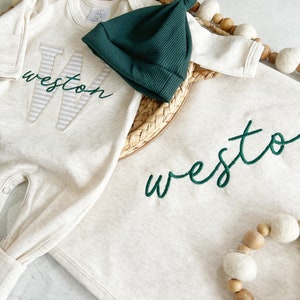 Personalized neutral baby romper and hat set, custom infant boy coming home outfit, baby shower gift, sleeper with footies Green Christmas image 6