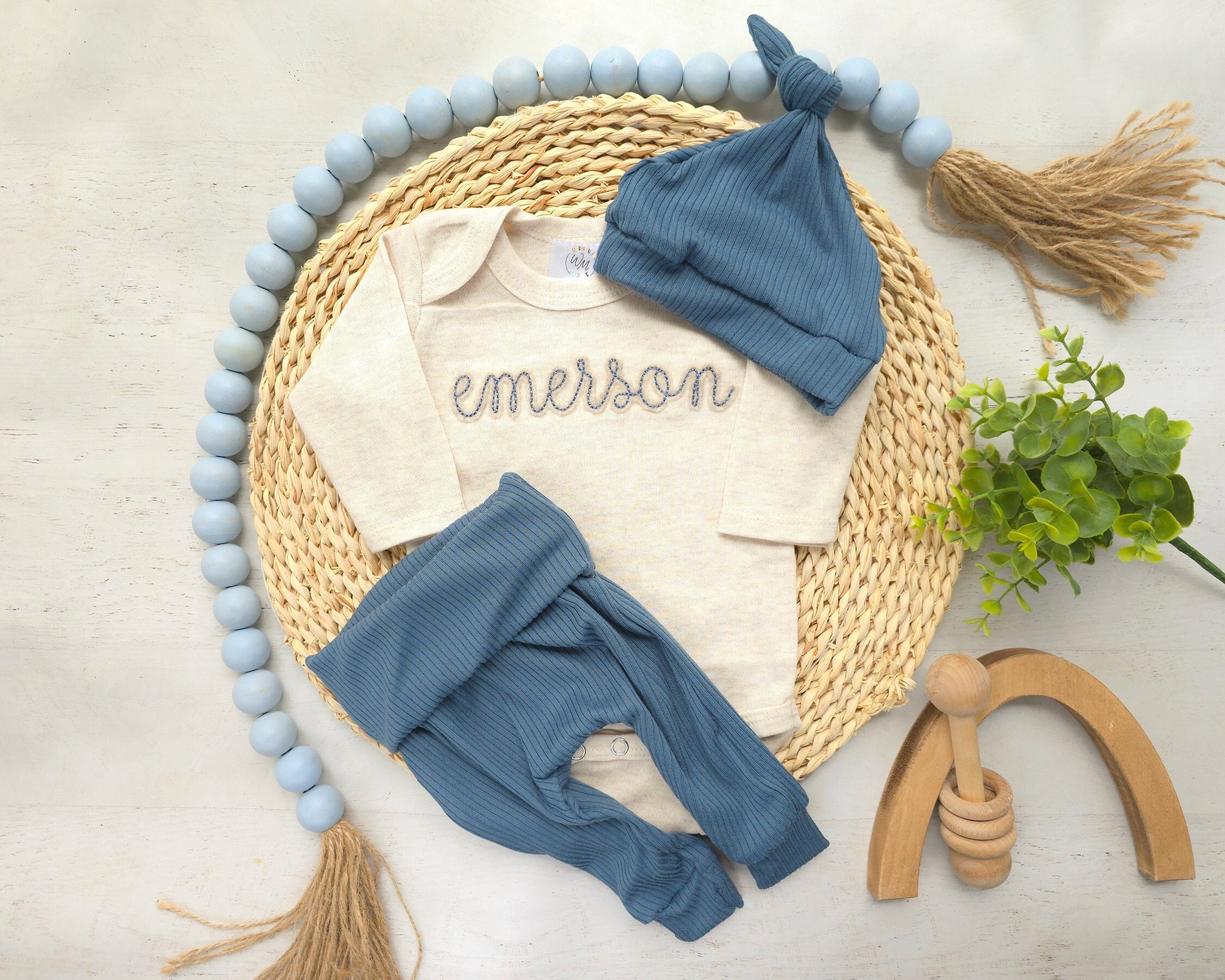 Personalized newborn baby outfit, custom embroidered baby outfit with pants