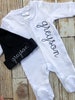 Personalized monochrome gender neutral romper, custom baby coming home outfit, black and white, baby shower gift, boy sleeper with footies 