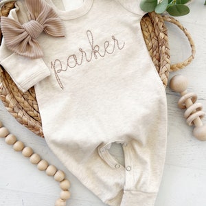 Personalized oatmeal and taupe vintage stitch romper with bow or hat, custom gender neutral coming home outfit, baby shower gift image 3