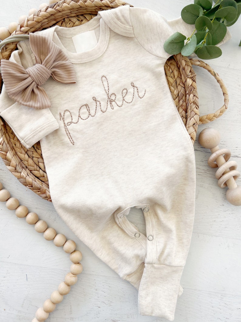 Personalized oatmeal and taupe vintage stitch romper with bow or hat, custom gender neutral coming home outfit, baby shower gift image 3