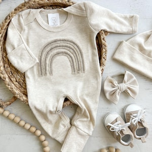 Personalized neutral baby romper and hat set, custom infant boy girl coming home outfit, baby shower gift, romper with footies rainbow boho