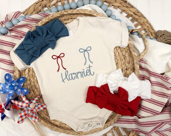 Fourth of July baby outfit, red white and blue bows Americana outfit, USA