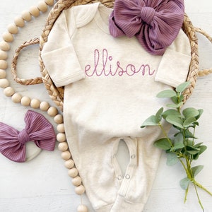 Personalized oatmeal and vintage mauve romper with bow or turban, custom girl coming home outfit, baby shower gift image 2