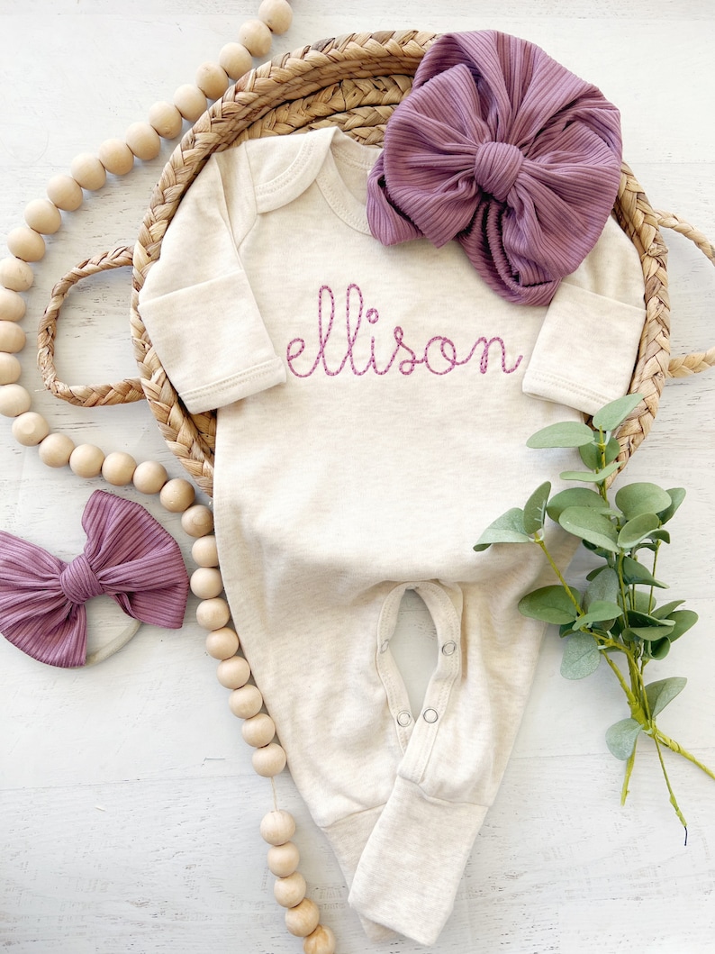 Personalized oatmeal and vintage mauve romper with bow or turban, custom girl coming home outfit, baby shower gift image 2