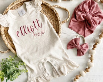 Personalized baby girl romper, vintage floral infant coming home outfit, baby shower gift, newborn outfit ruffle flutter, custom name