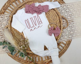 Personalized newborn coming home outfit for baby girl, Custom baby footie, white
