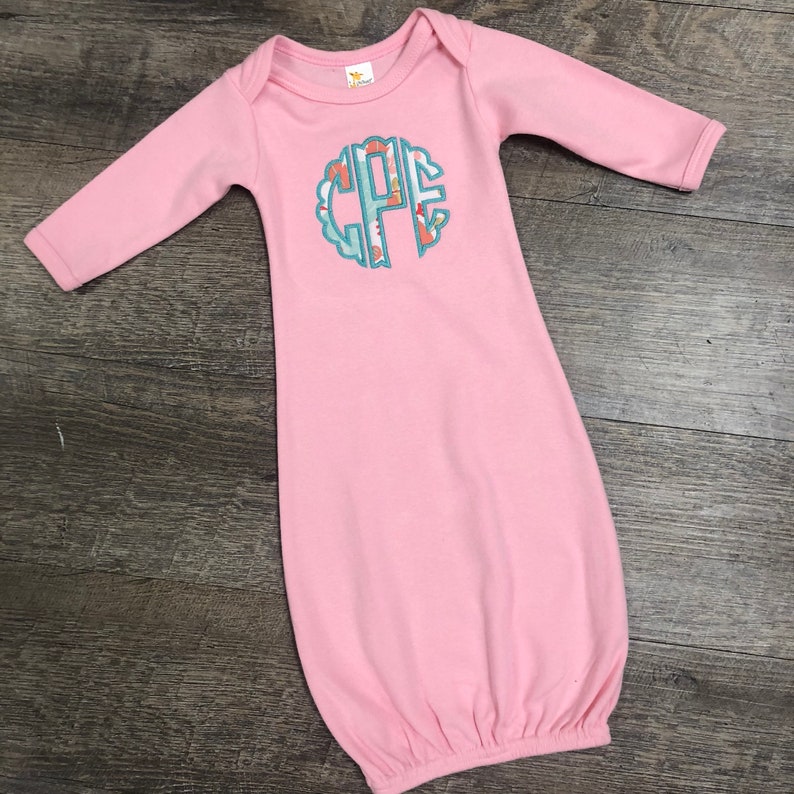 blush monogrammed infant gown newborn baby gown customized baby gown scalloped Pink monogrammed baby gown girls coming home outfit