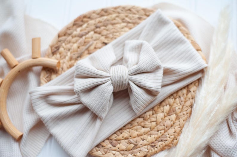 Personalized oatmeal and beige vintage stitch footie with bow or hat, custom gender neutral coming home outfit, baby shower gift image 11