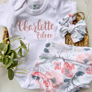 Blush Floral baby girl outfit with bummies, Pink on White baby girl gift idea,