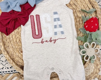 USA baby, 4th of July baby girl outfit, red white and blue summer romper