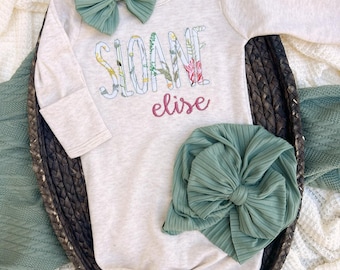 Custom sage wildflower knotted gown with bow / Personalized vintage rose hospital outfit for baby girl