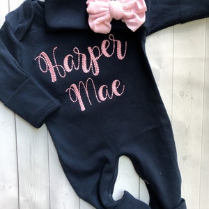 Personalized vintage stitch girl romper with bow, custom girl coming home outfit, baby shower gift, navy and pink sleeper with footies image 4