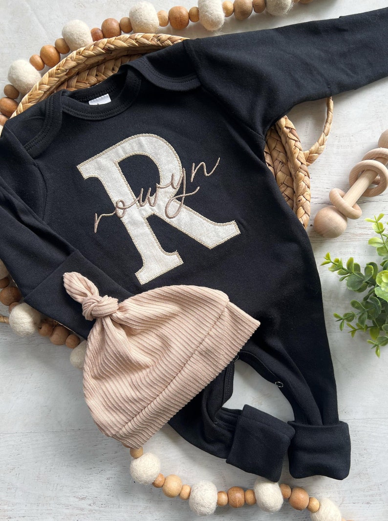 Rowyn Script Personalized Neutral Baby Romper and Hat Set, Custom Infant Boy Coming ...