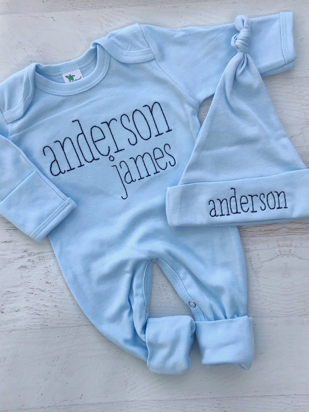 Personalized Baby Blue Romper, Custom Infant Boy Coming Home Outfit, Baby Shower Gift, Light
