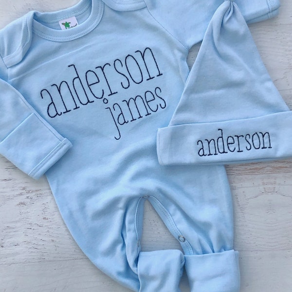 Personalized baby blue romper, custom infant boy coming home outfit, baby shower gift, light blue sleeper with footies, embroidered hat