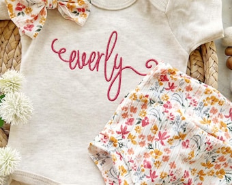 Bright floral baby girl outfit with bummies, cottagecore baby coming home outfit, personalized  wildflower outfit
