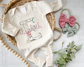 Personalized baby girl romper, vintage blush floral infant coming home outfit, baby shower gift, sleeper with footies