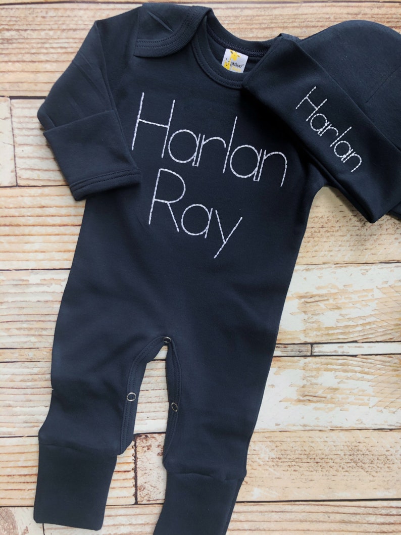Personalized Navy Baby Romper and Hat Set Custom Infant Boy Etsy