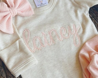 Personalized oatmeal and blush vintage stitch girl footies, custom girl coming home outfit, baby shower gift