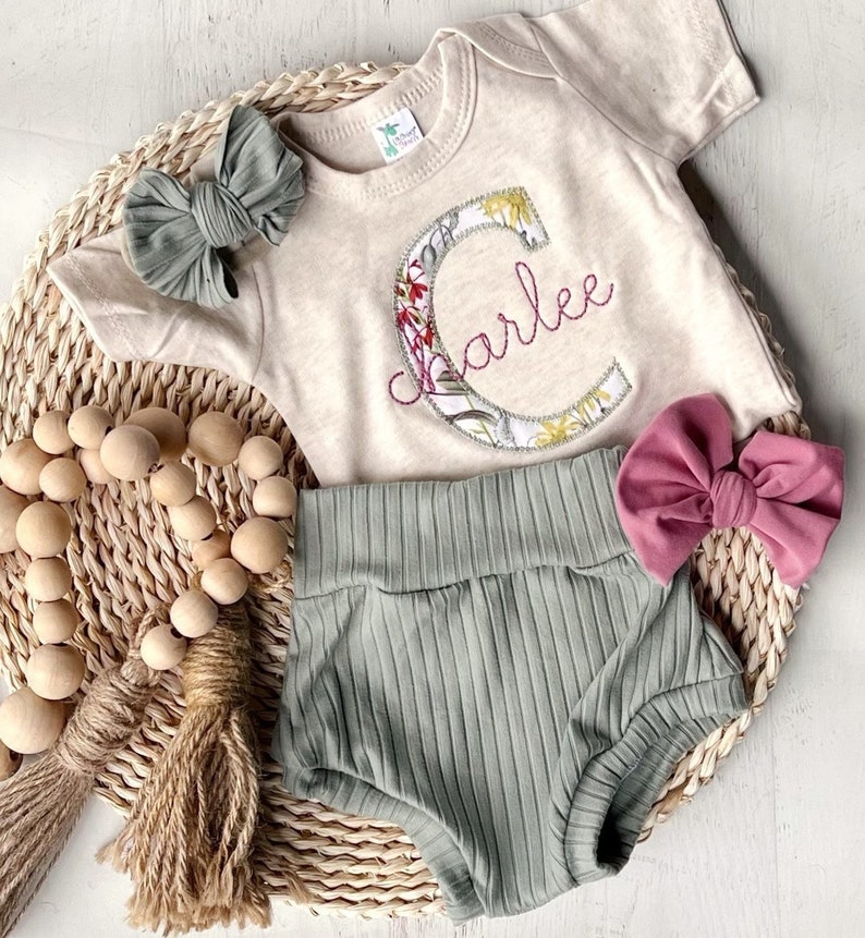 Vintage floral baby girl outfit with bummies, cottagecore baby girl outfit, personalized baby outfit with bows, sage, dusty rose image 2