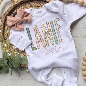 Personalized baby girl romper and bow set, custom coming home outfit for girl, baby shower gift, blush and sage, cottagecore baby outfit