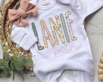 Personalized baby girl romper and bow set, custom coming home outfit for girl, baby shower gift, blush and sage, cottagecore baby outfit