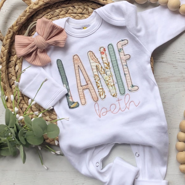 Personalized baby girl footie romper and bow set: custom coming home outfit for girl, baby shower gift, blush and sage