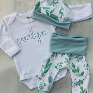 Personalized girl newborn coming home outfit, sage outfit with pants, baby shower gift, eucalyptus baby girl, greenery, natural outfit