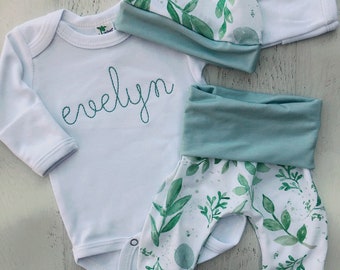 Personalized girl newborn coming home outfit, sage outfit with pants, baby shower gift, eucalyptus baby girl, greenery, natural outfit