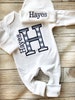 Personalized baby romper and hat set, custom infant boy coming home outfit, baby shower gift, gray sleeper with footies, navy stripe 