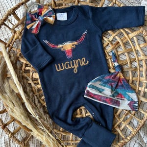 Personalized navy romper with handmade bow hat custom gender neutral coming home outfit baby shower gift western roping longhorn