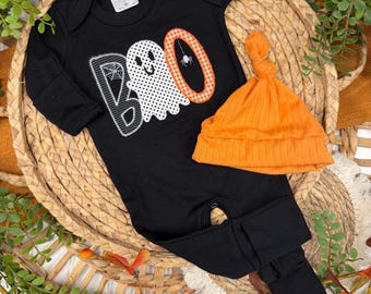 Baby Halloween Outfit, BOO Baby Romper & Hat, Baby First Halloween, Ghost Baby Bodysuit, Baby Boy Halloween Outfit, Baby Girl Halloween