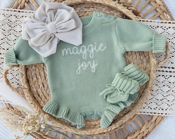Conjunto de bebé personalizado con suéter con volantes de punto salvia para recién nacido, body de bebé de punto de algodón personalizado, conjunto para volver a casa
