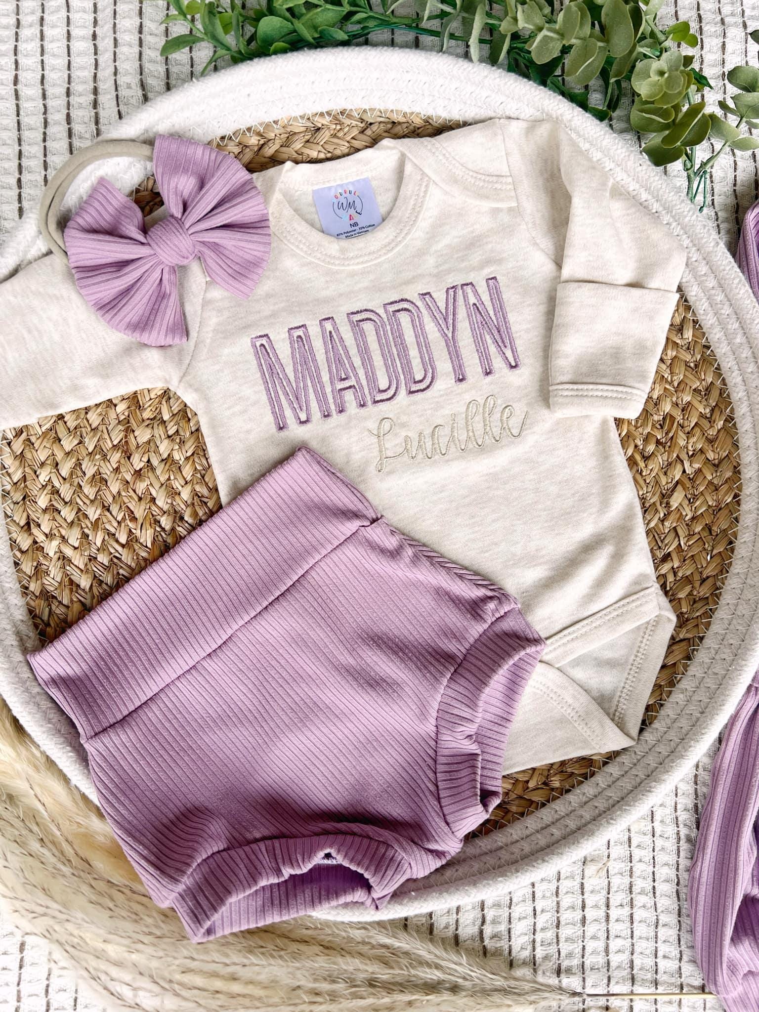 Personalized Baby Girl Outfit: Embroidered Bodysuit, Bummies & Bow